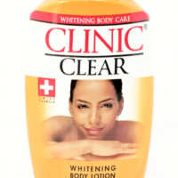 A 500ml bottle of Clinic Clear Whitening Body Lotion, showcasing its attractive packaging and product details.