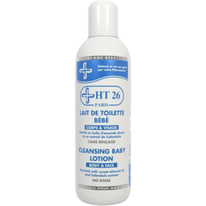 A 1000ml bottle of HT26 Cleansing Baby Lotion, showcasing its packaging and product details.