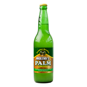 A bottle of Nkulenu Palm Drink, showcasing its traditional packaging and product details.