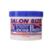 A 708g jar of Salon Size Hollywood Cocoa Butter Cream with Vitamin E, showcasing its packaging and product details.
