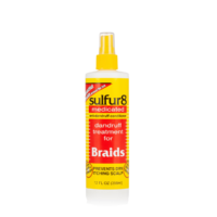 A 12oz bottle of Sulfur8 Medicated Dandruff Treatment for Braids, showcasing its packaging and product details.