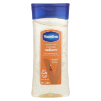 A 200ml bottle of Vaseline Intensive Care™ Cocoa Radiant® Vitalizing Body Oil, showcasing its attractive packaging and product details.