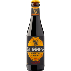 A bottle of Guinness Special Export Stout, showcasing its distinctive packaging and product details.