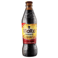 A 330ml bottle of GUINNESS Malta, showcasing its distinctive packaging and product information.