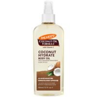A 150ml bottle of Palmer's Coconut Oil Formula with Vitamin E Body Oil, showcasing its packaging and product details.