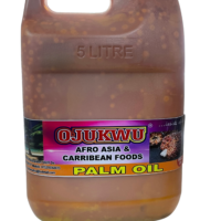 A 5-liter container of Ojukwu Palm Oil, showcasing its vibrant packaging and product information.