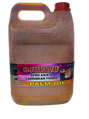 A 5-liter container of Ojukwu Palm Oil, showcasing its vibrant packaging and product information.