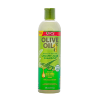 A 370ml bottle of ORS Olive Oil Creamy Aloe Shampoo, showcasing its packaging and product details.
