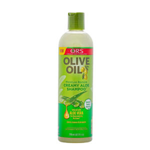 A 370ml bottle of ORS Olive Oil Creamy Aloe Shampoo, showcasing its packaging and product details.