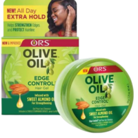 A 64g jar of ORS Olive Oil Gel Edge Control, showcasing its packaging and product details.