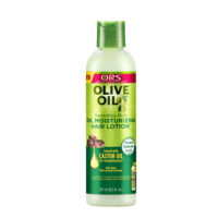 A 251ml bottle of ORS Olive Oil Moisturizing Hair Lotion, showcasing its packaging and product details.