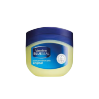 A 250ml container of Vaseline Blueseal Pure Petroleum Jelly Original, showcasing its packaging and product details.